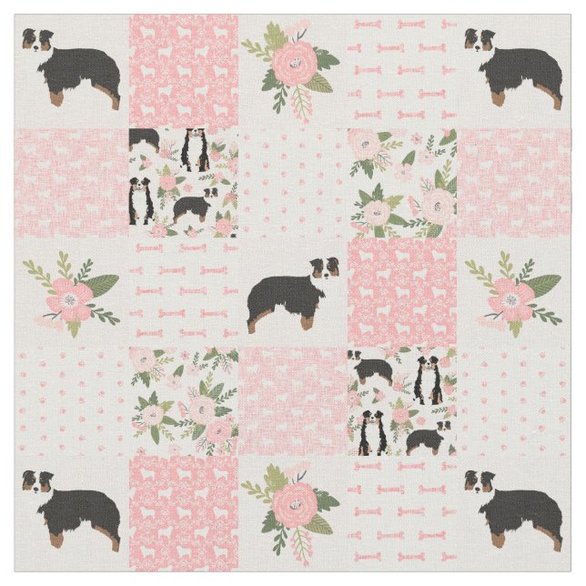 Australian Shepherd patchwork buffalo plaid Fabric (Close Up)