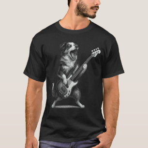 Australian Shepherd Playing Bass Guitar Rock Music T-Shirt