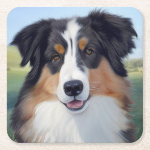 Australian Shepherd Portrait  -  Square Paper Coaster