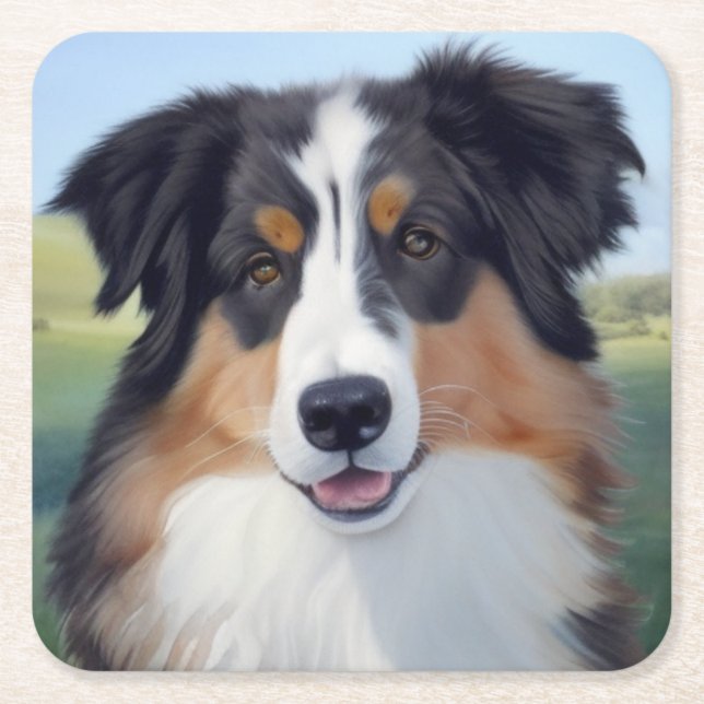 Australian Shepherd Portrait  -  Square Paper Coaster (Front)