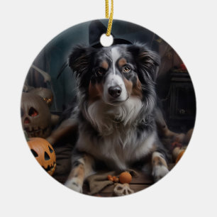 Australian Shepherd Pumpkins Halloween Scary Ceramic Tree Decoration
