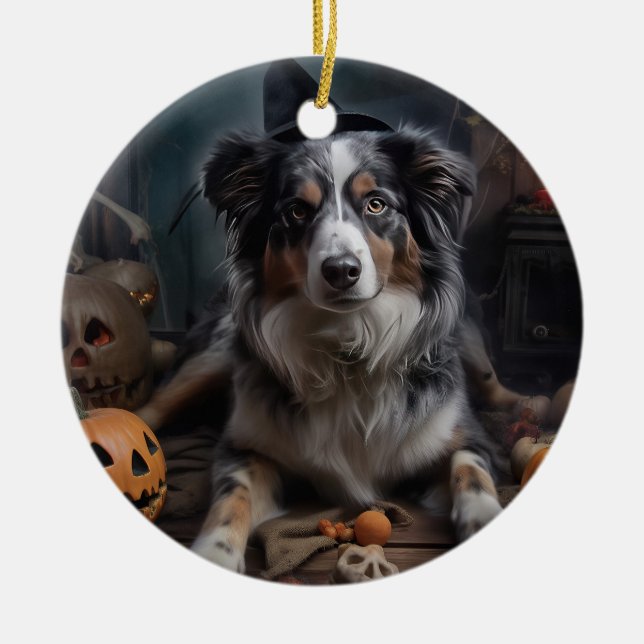 Australian Shepherd Pumpkins Halloween Scary Ceramic Tree Decoration (Front)