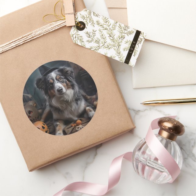 Australian Shepherd Pumpkins Halloween Scary Classic Round Sticker (Gifting)