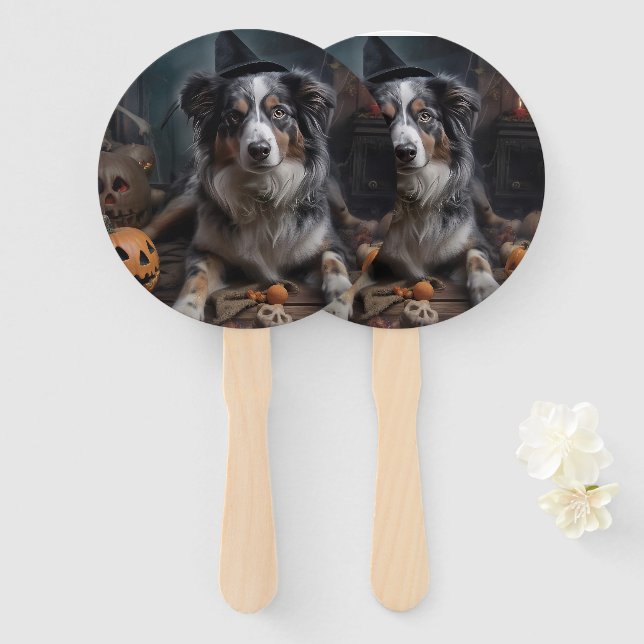 Australian Shepherd Pumpkins Halloween Scary Hand Fan (Front and Back)