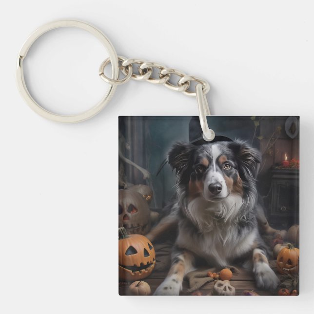 Australian Shepherd Pumpkins Halloween Scary Key Ring (Front)