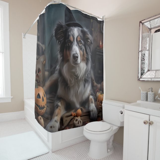 Australian Shepherd Pumpkins Halloween Scary Shower Curtain (In Situ)