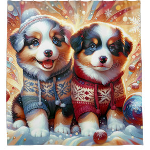 “Australian Shepherd Puppies’ First Snowfall" Shower Curtain