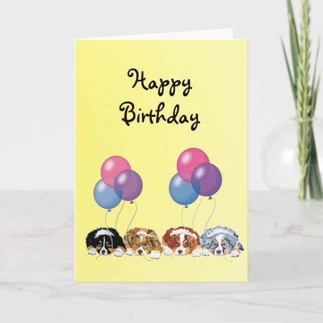 Australian Shepherd Puppies Happy Birthday Card (Front)