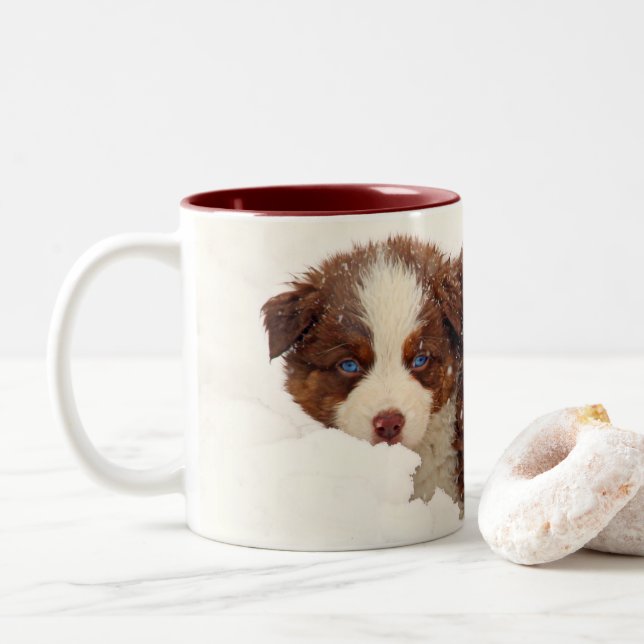 Australian Shepherd Puppies Two-Tone Coffee Mug (With Donut)