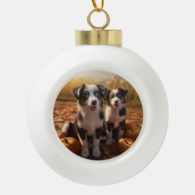 Australian Shepherd Puppy Autumn Delight Pumpkin Ceramic Ball Christmas Ornament (Front)