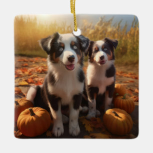 Australian Shepherd Puppy Autumn Delight Pumpkin Ceramic Ornament
