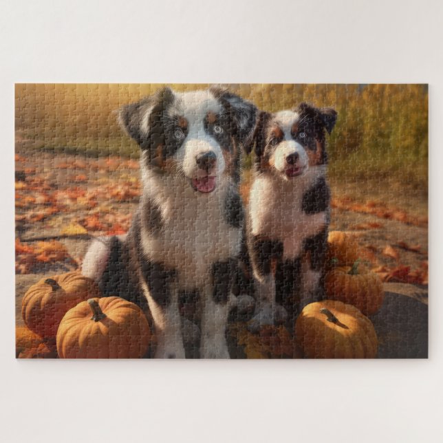 Australian Shepherd Puppy Autumn Delight Pumpkin Jigsaw Puzzle (Horizontal)