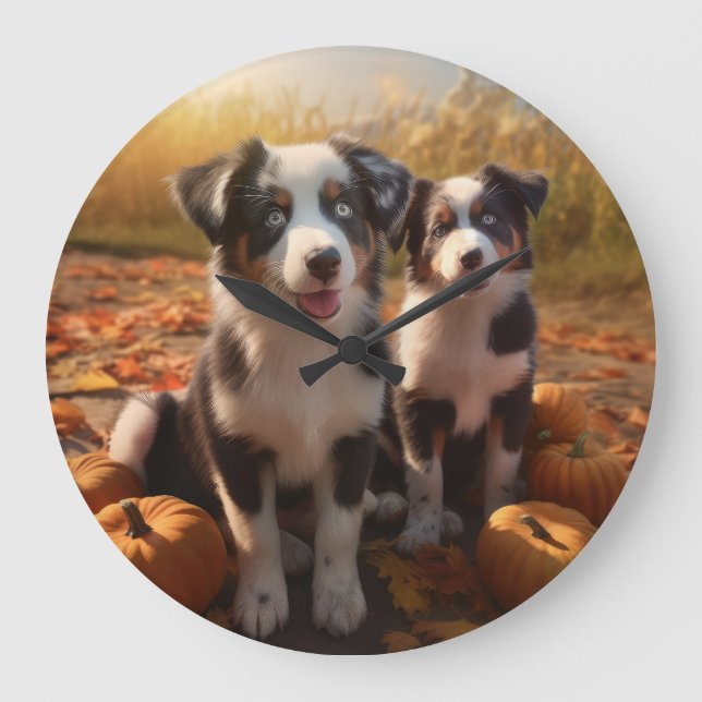 Australian Shepherd Puppy Autumn Delight Pumpkin Large Clock (Front)