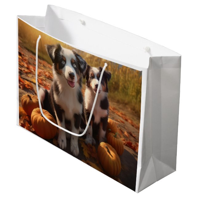 Australian Shepherd Puppy Autumn Delight Pumpkin Large Gift Bag (Front Angled)