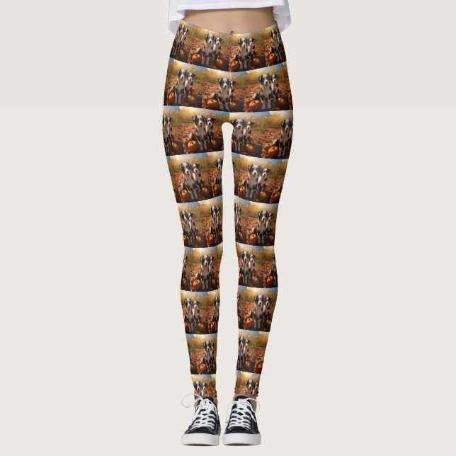 Australian Shepherd Puppy Autumn Delight Pumpkin Leggings (Front)