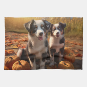 Australian Shepherd Puppy Autumn Delight Pumpkin Tea Towel