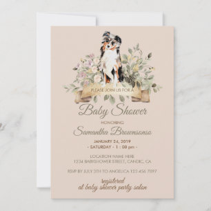 Australian Shepherd Puppy Baby Shower beige Invitation
