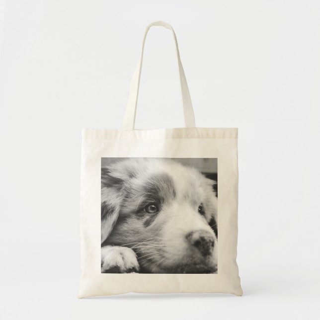 australian shepherd puppy bw tote bag (Front)