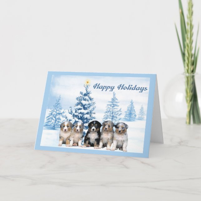 Australian Shepherd Puppy Christmas Card Blue Tree (Front)