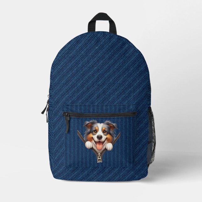 Australian Shepherd Puppy Denim Cloth Printed Backpack (Front)