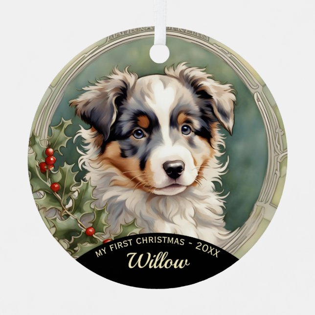 Australian Shepherd Puppy First Christmas Ornament (Front)