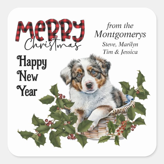 Australian Shepherd Puppy Holly Basket Christmas Square Sticker (Front)