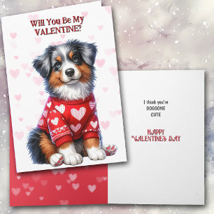 Australian Shepherd Puppy in Sweater Valentine Holiday Card