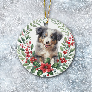 Australian Shepherd Puppy Poinsettia Wreath Ceramic Tree Decoration