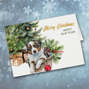 Australian Shepherd Puppy Wicker Basket Christmas