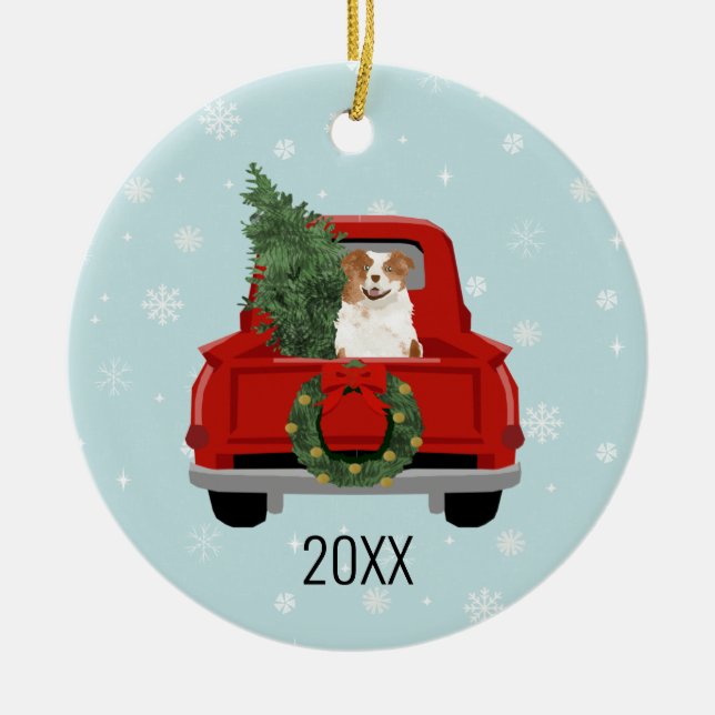 australian shepherd red merle christmas ceramic tree decoration (Front)