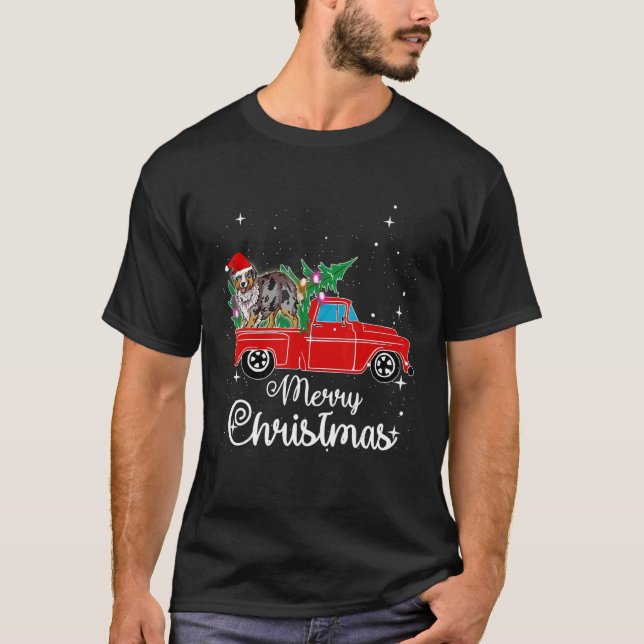 Australian Shepherd Ride Red Truck Christmas T-Shirt (Front)