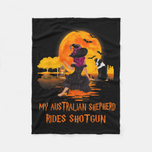 Australian Shepherd Rides Shotgun Dog And Witch Fleece Blanket