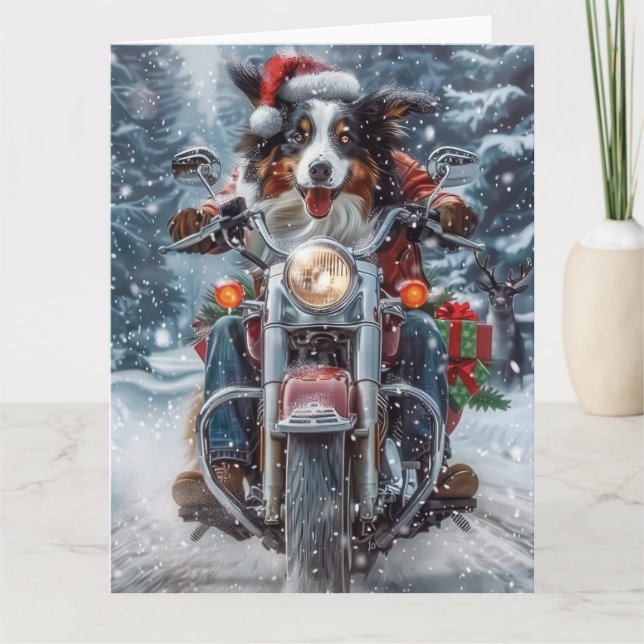 Australian Shepherd Riding Motorcycle Christmas Card (Front)