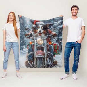 Australian Shepherd Riding Motorcycle Christmas Fleece Blanket