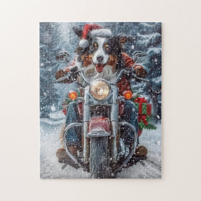 Australian Shepherd Riding Motorcycle Christmas Jigsaw Puzzle (Vertical)