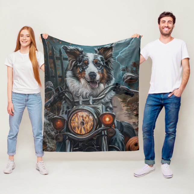 Australian Shepherd Riding Motorcycle Halloween Fleece Blanket (In Situ)