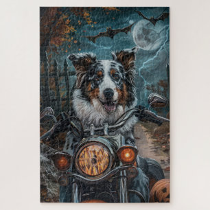 Australian Shepherd Riding Motorcycle Halloween Jigsaw Puzzle