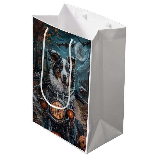 Australian Shepherd Riding Motorcycle Halloween Medium Gift Bag (Front Angled)