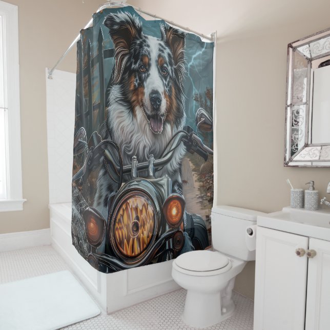 Australian Shepherd Riding Motorcycle Halloween Shower Curtain (In Situ)