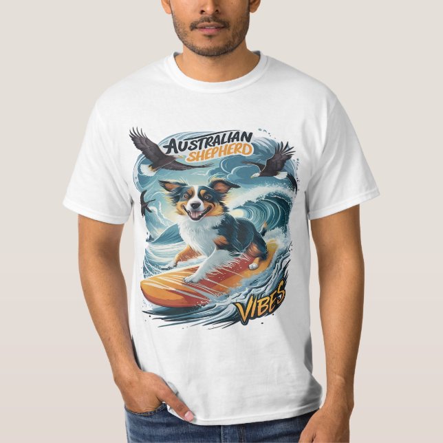 Australian Shepherd  Riding the Crest Surfing T-Shirt (Front)