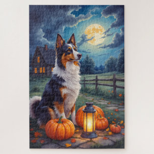 Australian Shepherd Rustic Halloween Moonlight Art Jigsaw Puzzle
