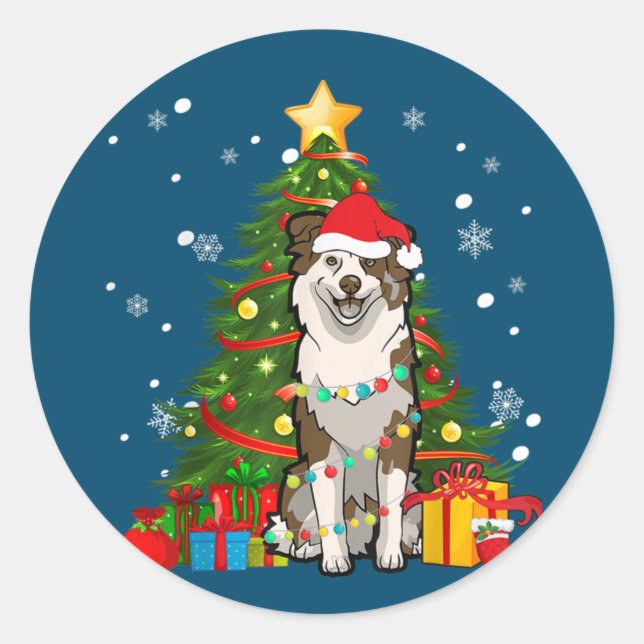 Australian shepherd Santa Christmas Tree Light Classic Round Sticker (Front)
