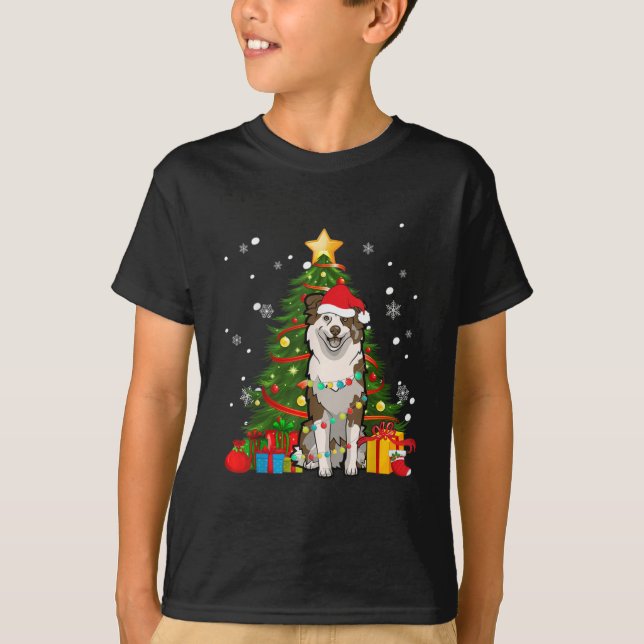 Australian shepherd Santa Christmas Tree Light T-Shirt (Front)