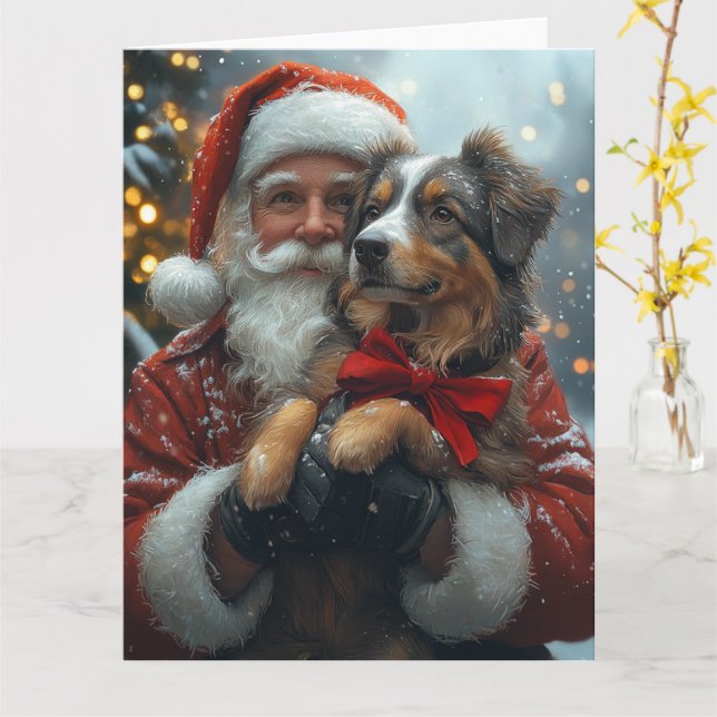 Australian Shepherd Santa Claus Festive Christmas Card (Yellow Flower)