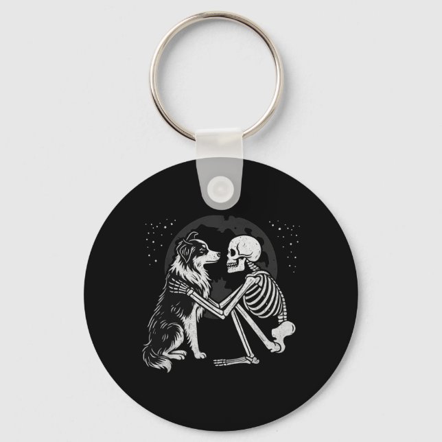 Australian Shepherd Skeleton Moon Halloween Dog Key Ring (Front)