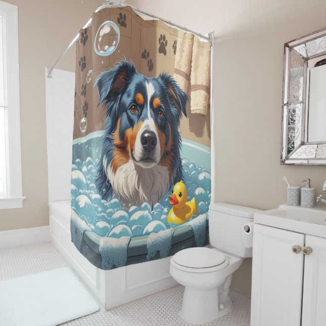 Australian Shepherd Sloppy Sleepy Cute Funny Shower Curtain (In Situ)