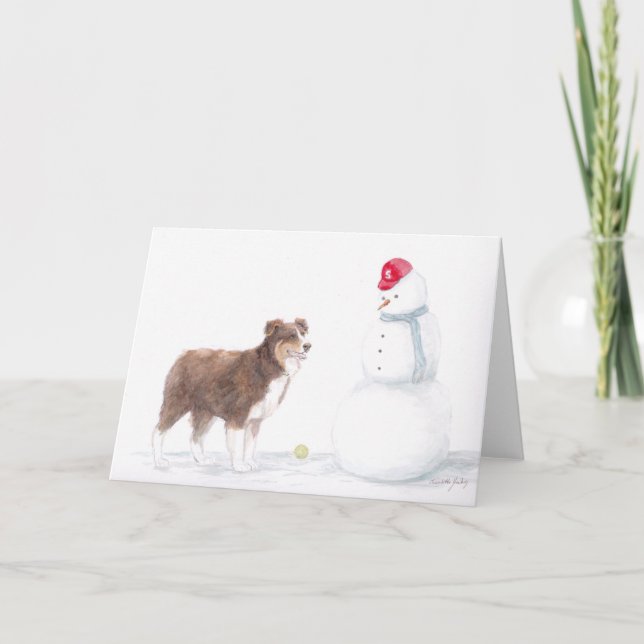 Australian Shepherd & Snowman Dog Art Greeting Car Card (Front)