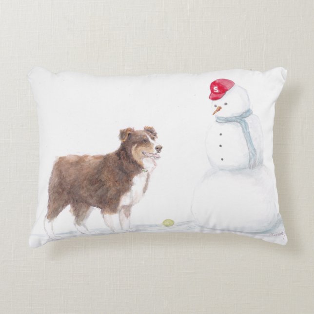 australian Shepherd & Snowman Dog Art Pillow (Front)