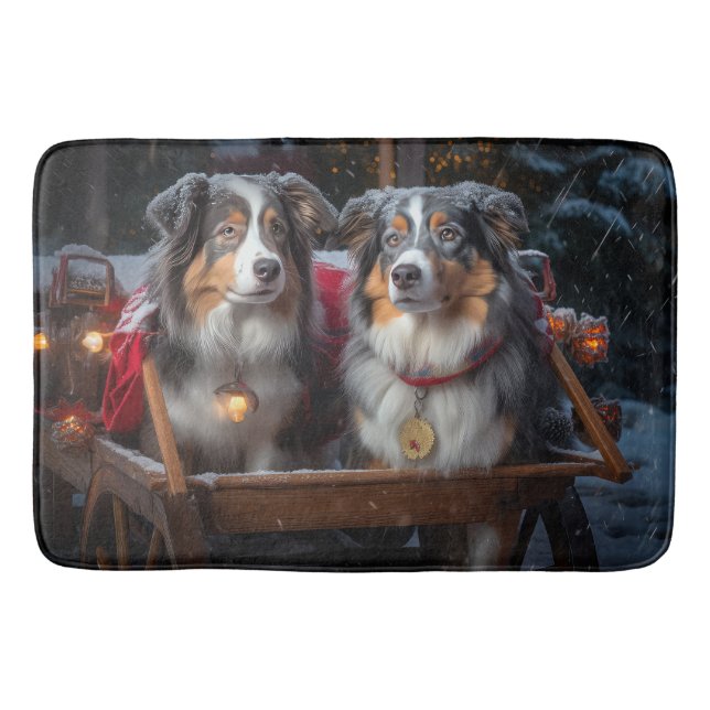 Australian Shepherd Snowy Sleigh Christmas Decor Bath Mat (Front)