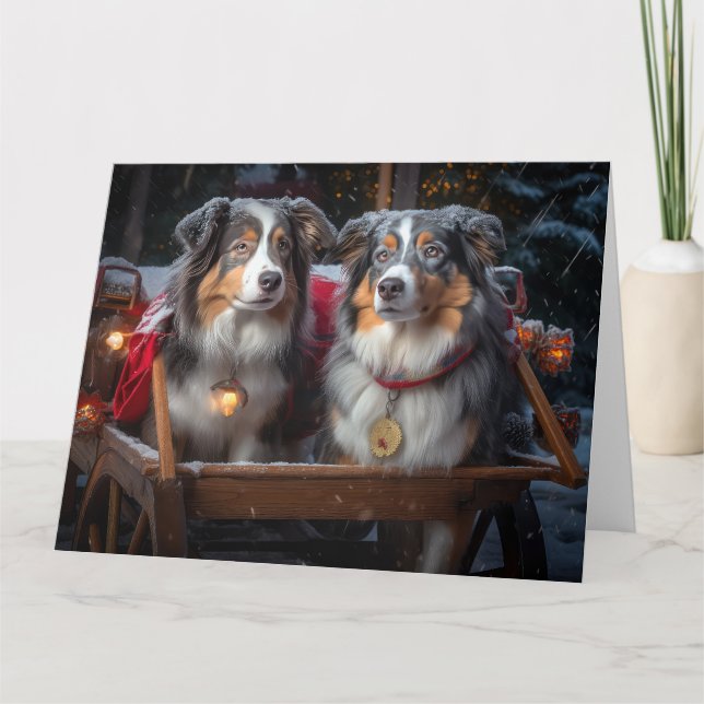 Australian Shepherd Snowy Sleigh Christmas Decor Card (Front)